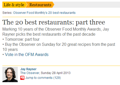 20 best restaurants, Guardian April 2013