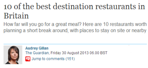 10 best destination restaurants, Guardian August 2013